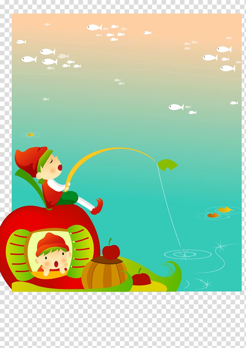 Child Cartoon Adobe Illustrator, Sitting on the apple house kids fishing transparent background PNG clipart