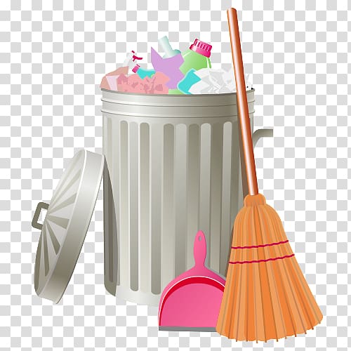 grey trash can and broom illustration, Cleaner Cleaning Maid service , Cartoon trash can transparent background PNG clipart