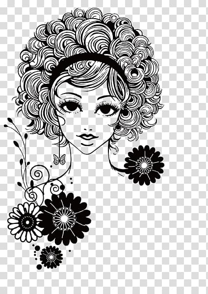 Drawing Black and white Illustration, Hand-painted hair girl transparent background PNG clipart