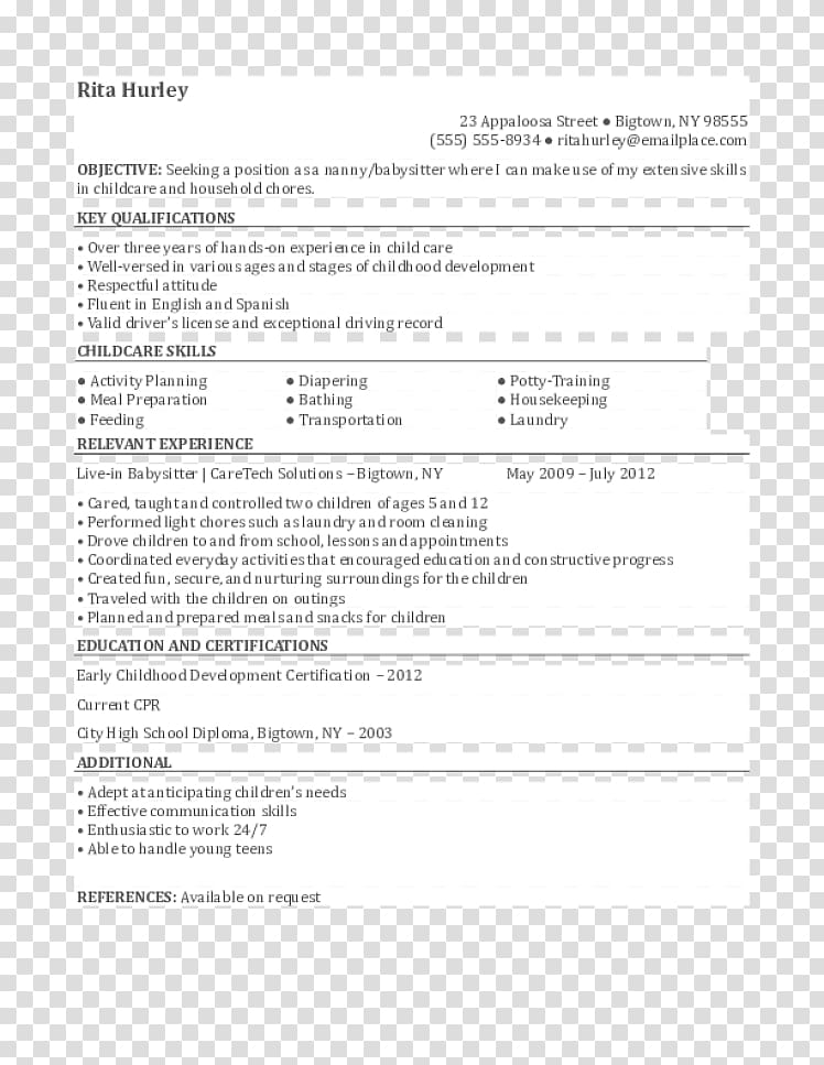 Résumé Cover letter Child care Application for employment Nanny, Nanny transparent background PNG clipart