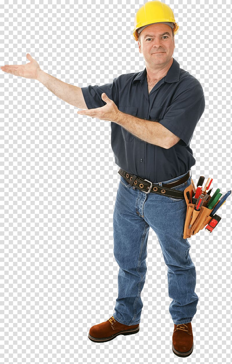 man wearing black dress shirt, blue denim jeans, yellow hard hat, and brown utility belt, Builder Man transparent background PNG clipart