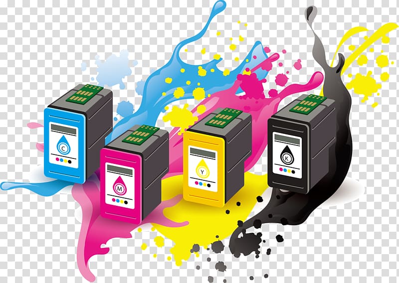 four ink cartridge with splash inks illustration, Printer Ink cartridge, color stereo transparent background PNG clipart