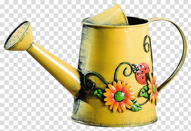 yellow floral watering can illustration, Decorated Metal Watering Can transparent background PNG clipart