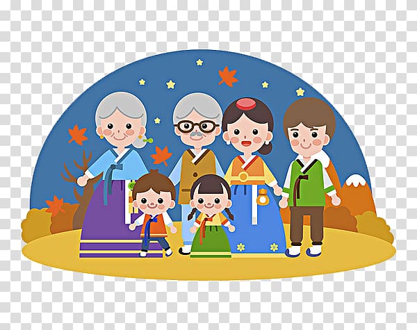 Cartoon Illustration, Hanbok one family transparent background PNG clipart