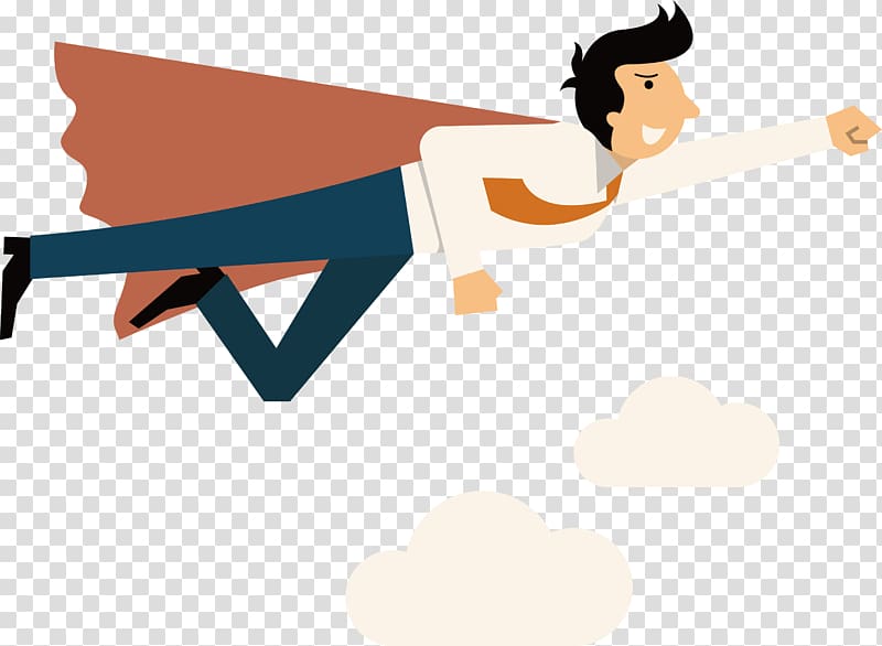 man flying above clouds wearing orange cape, PPT cartoon characters transparent background PNG clipart