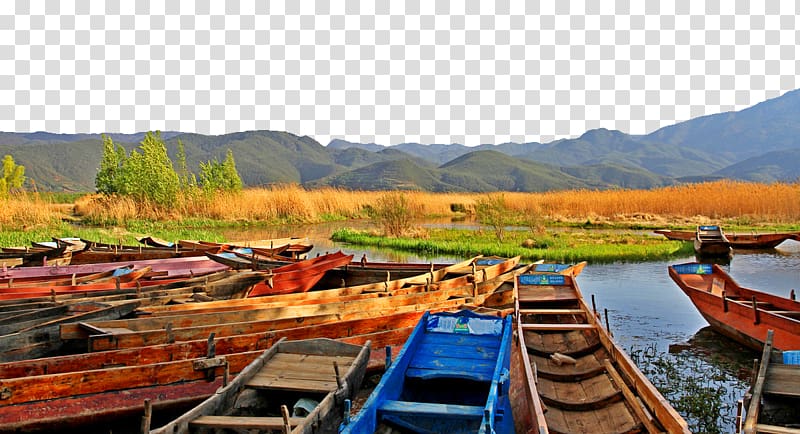 Lugu Lake Qingshui District, Lugu Lake shore wooden boat transparent background PNG clipart