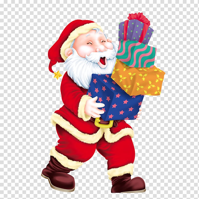 Santa Claus Gift Christmas Arcade game, Santa Claus holding a gift box transparent background PNG clipart