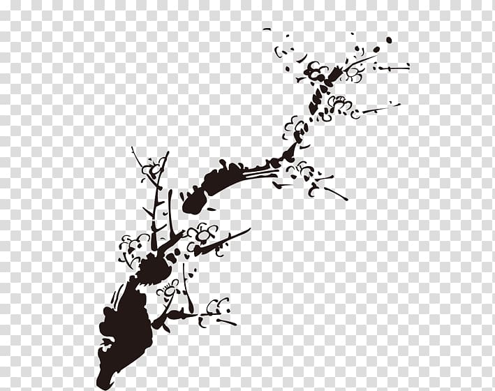 Ink wash painting Ink brush Plum blossom, Plum flower transparent background PNG clipart
