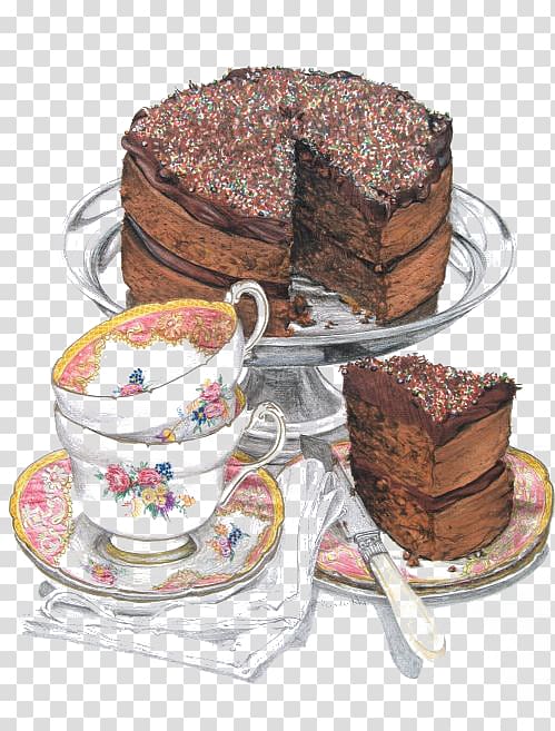 round chocolate cake illustration, Tea Chocolate cake Fruitcake Cupcake, British afternoon tea transparent background PNG clipart
