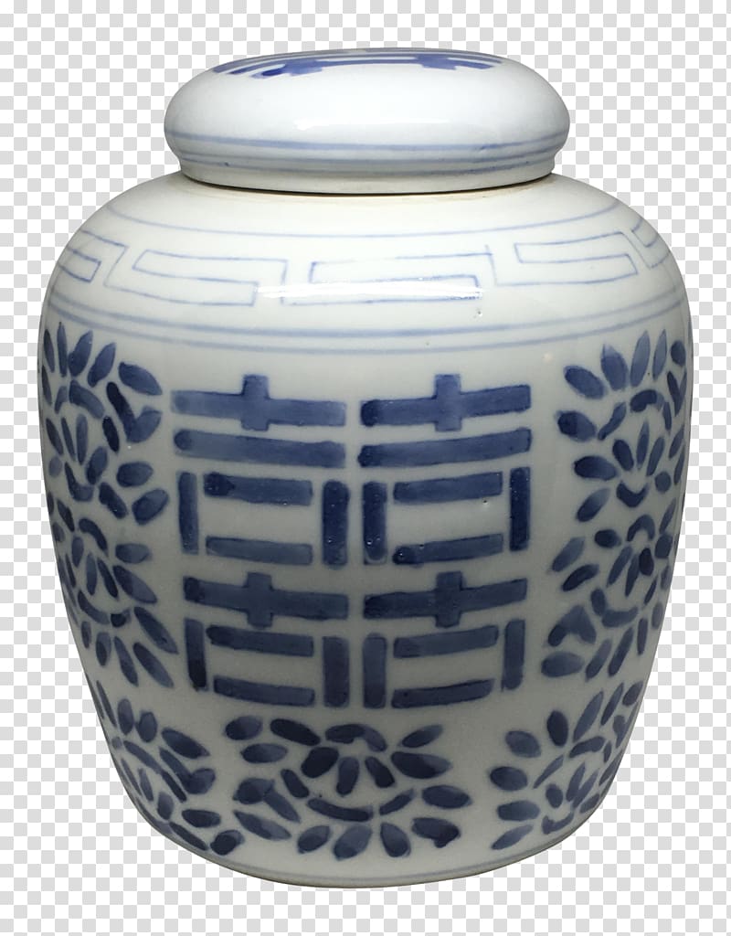 Ceramic Blue and white pottery Cobalt blue Urn, double happiness jar transparent background PNG clipart