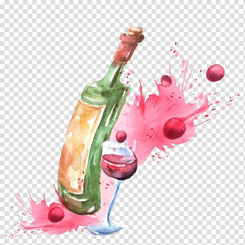 green bottle illustration, Red Wine Champagne Wine cocktail Watercolor painting, Watercolour wine bottles and wine glasses transparent background PNG clipart