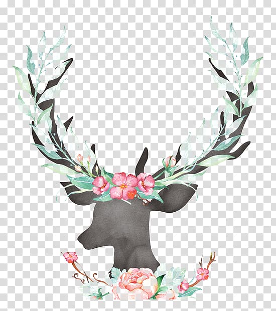 animal with pink and teal flowers , Reindeer Antler Deer horn, deer transparent background PNG clipart