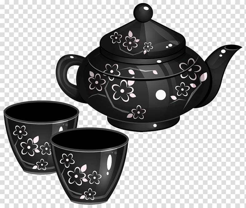black-and-gray floral 3-piece tea set graphic, Tea set Coffee , Tea Set transparent background PNG clipart