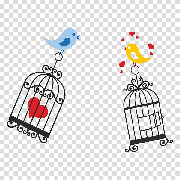 two yellow and blue birds and two black birdcages illustration, Lovebird Birdcage, tarjetas de amor transparent background PNG clipart