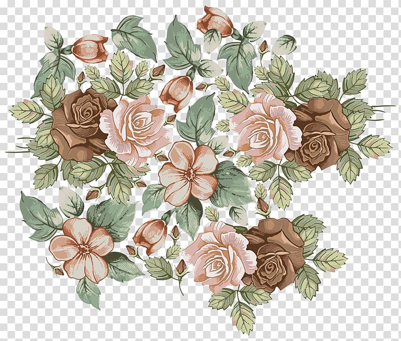 pink and brown rose flowers illustration, Flower Adobe Illustrator, Retro floral pattern transparent background PNG clipart