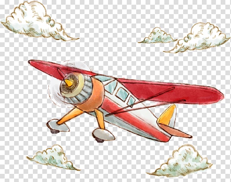 Airplane Watercolor painting Illustration, Water clouds painted aircraft transparent background PNG clipart