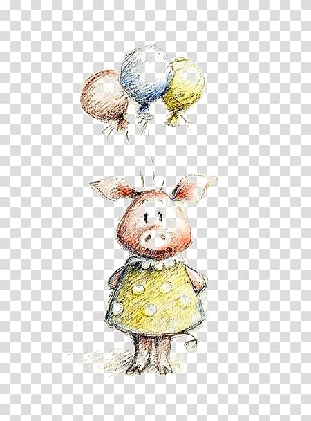 Drawing Watercolor painting Artists portfolio Illustration, Holding balloons pig transparent background PNG clipart