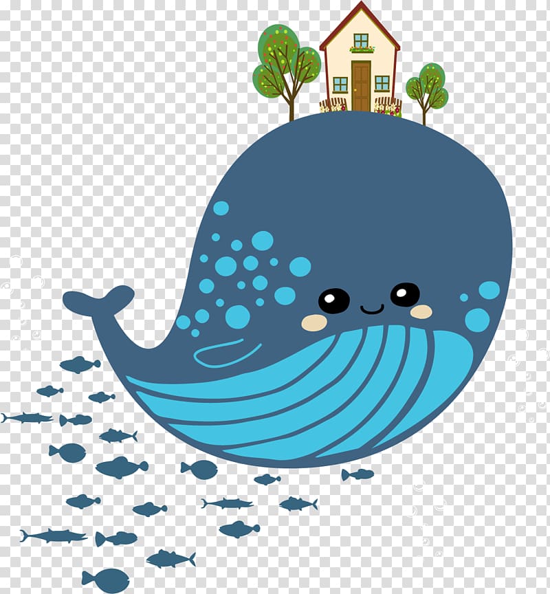Cartoon Drawing, Blue whale on the hut transparent background PNG clipart