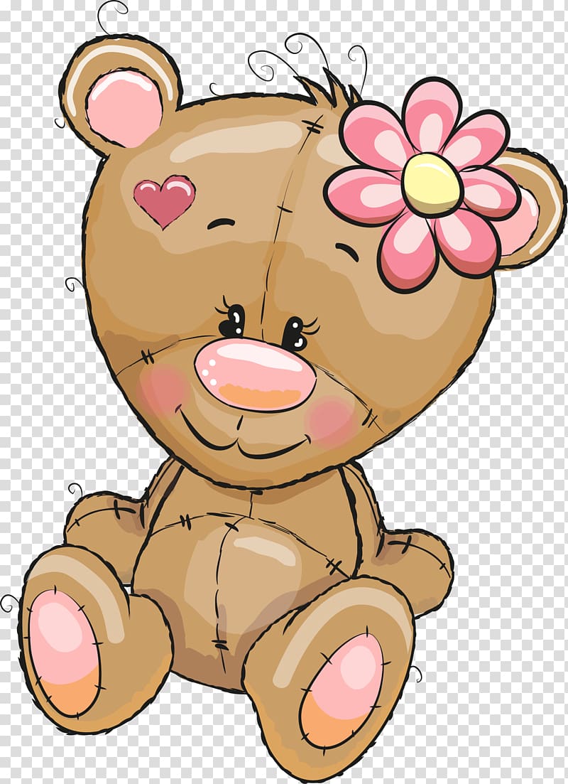 brown bear plush toy, Cartoon Drawing Love, Brown Flower Bear transparent background PNG clipart
