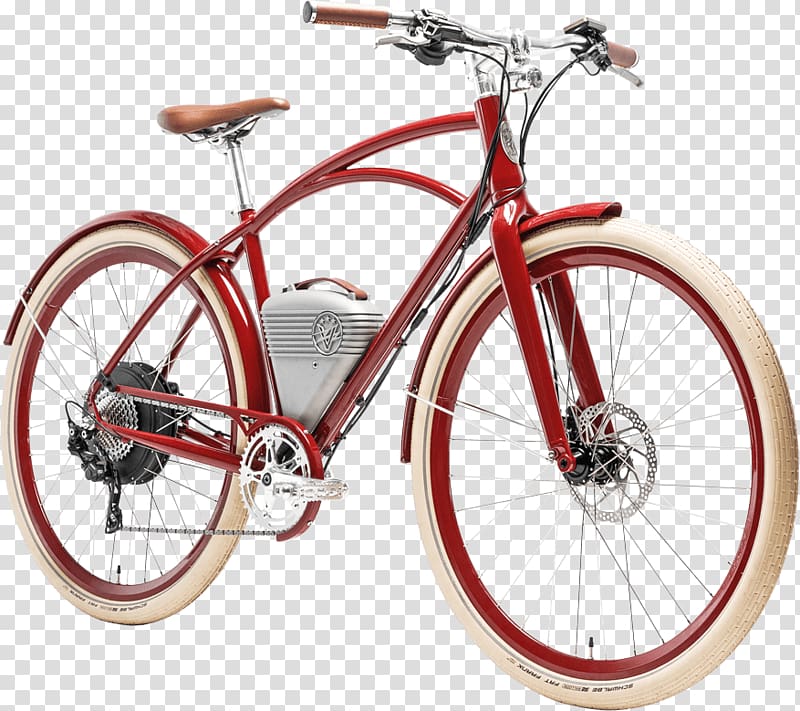 red motorized cruiser bicycle, Vintage Electric Bike transparent background PNG clipart