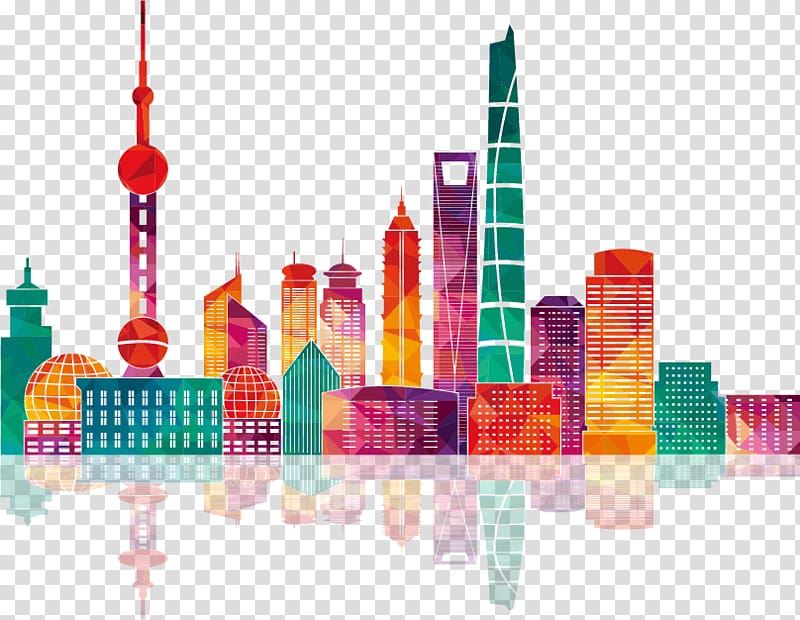 multicolored building illustration, Shanghai Skyline Illustration, Colorful Shanghai city building silhouettes transparent background PNG clipart