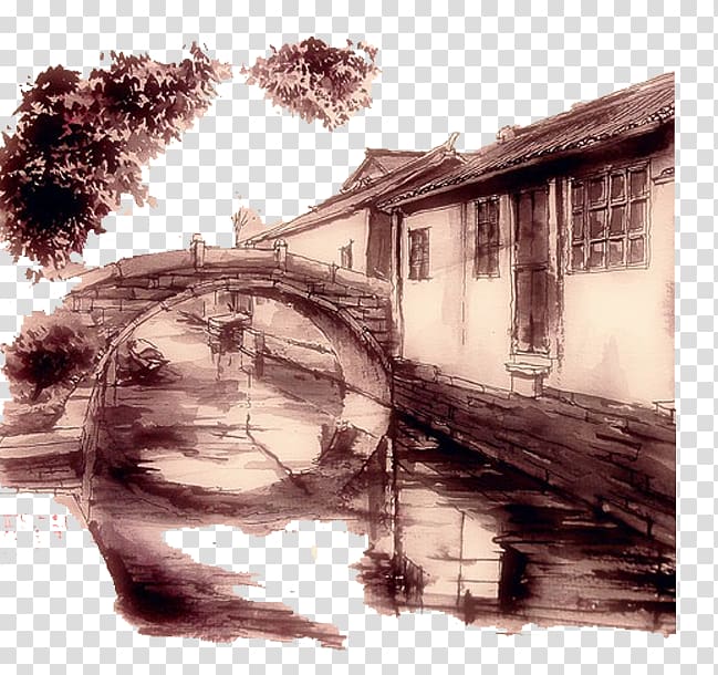 Ink wash painting Drawing Bridge Illustration, Bridge edge of the village transparent background PNG clipart