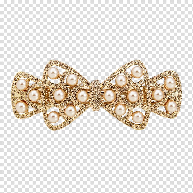 gold-colored jewelry , Barrette Hairpin Fashion accessory, Pearl diamond bow hair accessories hairpin transparent background PNG clipart