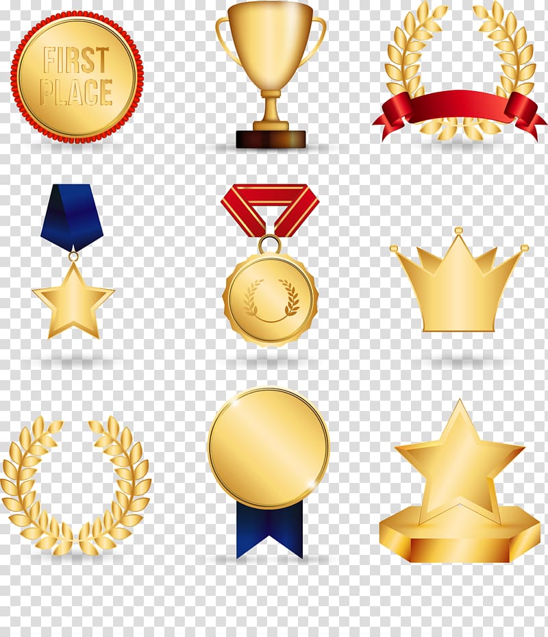 gold award lot, Gold medal Trophy , Awards transparent background PNG clipart