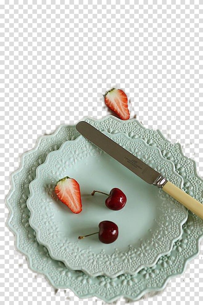 Ceramic Plate Tableware, Blue ceramic plate strawberry cherry transparent background PNG clipart