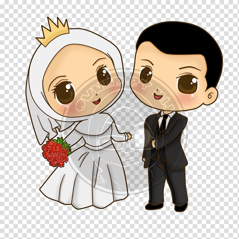 groom and bride illustration, Wedding invitation Cartoon Drawing, muslim transparent background PNG clipart