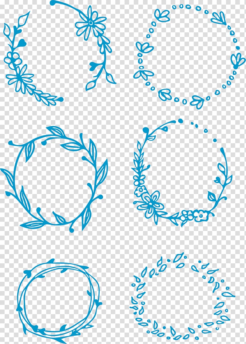 six green wreaths, Computer file, Sky blue leaves decorative frame transparent background PNG clipart