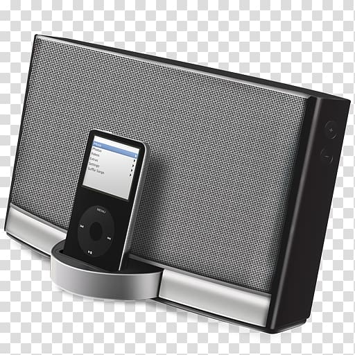 of black dock speaker with black iPod nano, ipod multimedia hardware, Sound Dock transparent background PNG clipart