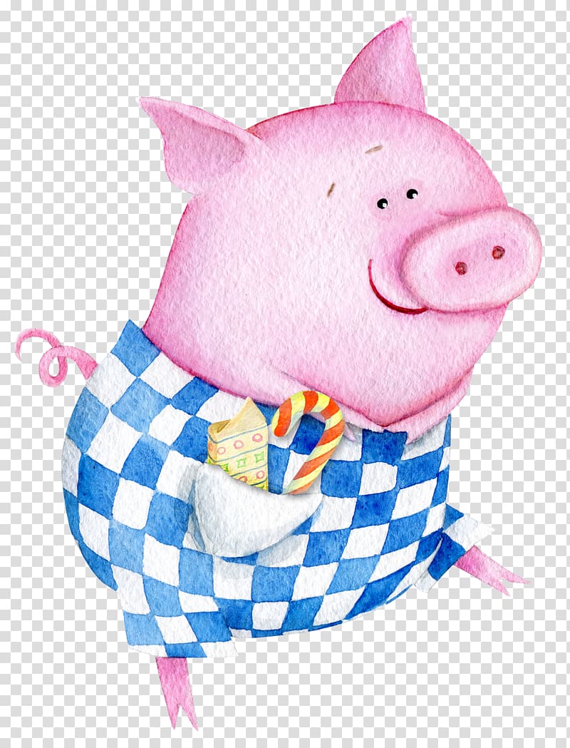 pink pig in blue and white checked top , Domestic pig Birthday Greeting card Illustration, Cartoon pig transparent background PNG clipart