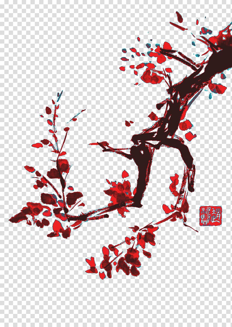 Ink wash painting Chinese calligraphy Shan shui, cherry blossoms transparent background PNG clipart