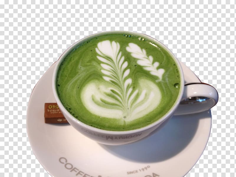 Latte Coffee Espresso Green tea, Cup of green tea latte transparent background PNG clipart