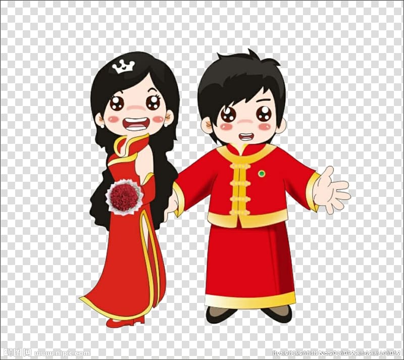 Wedding Marriage Cartoon, Chinese cartoon style romantic wedding of young lovers transparent background PNG clipart