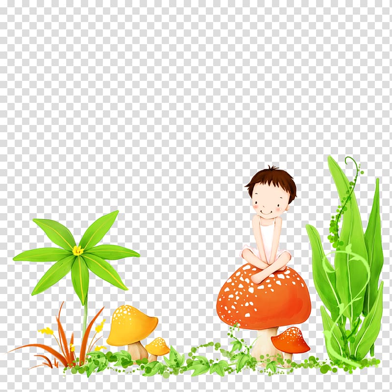 Child Illustrator Illustration, A child sitting on a mushroom transparent background PNG clipart