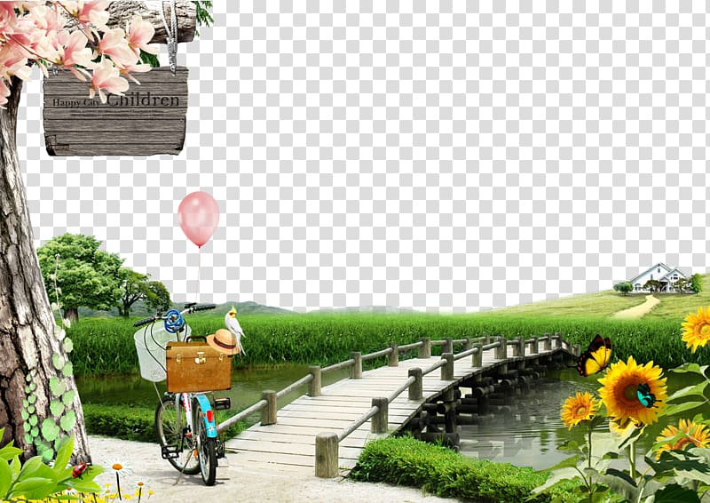 green and black commuter bike, Grass river bridge natural scenery background transparent background PNG clipart