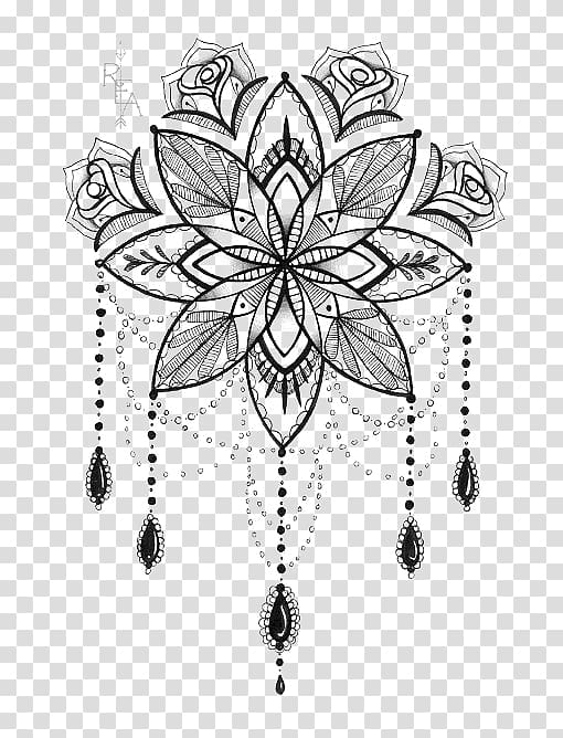 gray and black flower illustration, Tattoo artist Mandala Drawing, Lotus Print transparent background PNG clipart