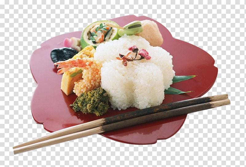 Japanese Cuisine Sushi Bento Chinese cuisine, Chopsticks and rice dishes inside the red pickles transparent background PNG clipart