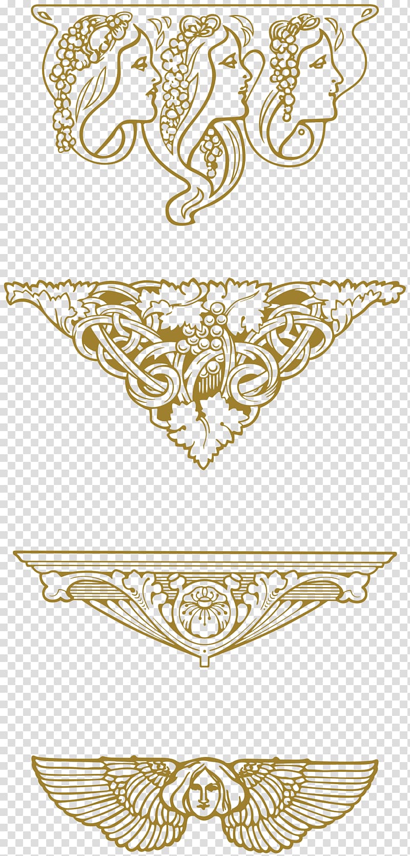 four brown illustrations, Art Nouveau Ornaments, ornament transparent background PNG clipart