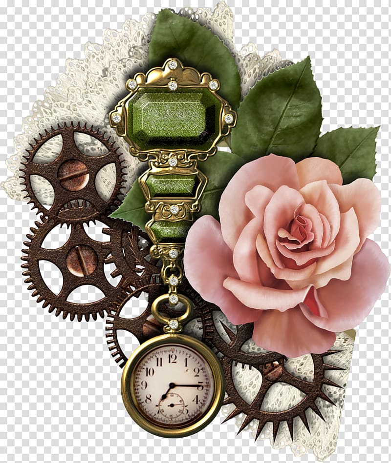 pink rose illustration, Paper Scrapbooking Craft Page layout, steampunk gear transparent background PNG clipart