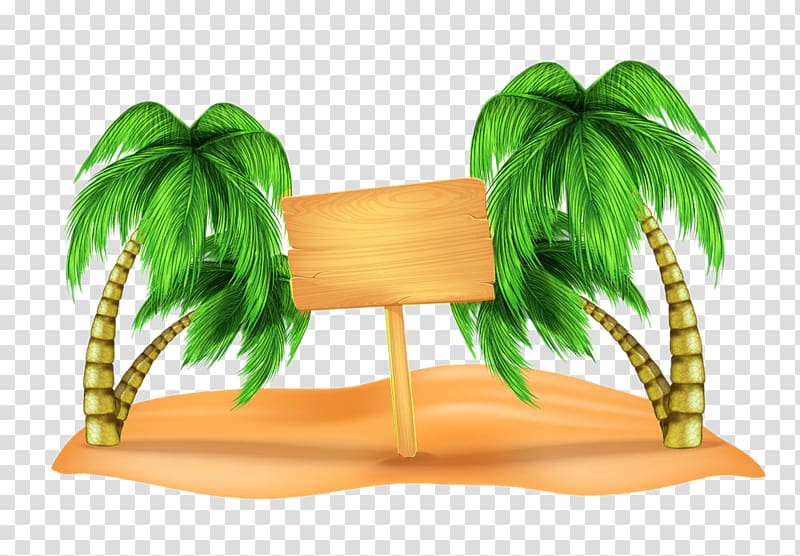 post signage between coconut trees , Beach , Coconut tree on the beach material transparent background PNG clipart