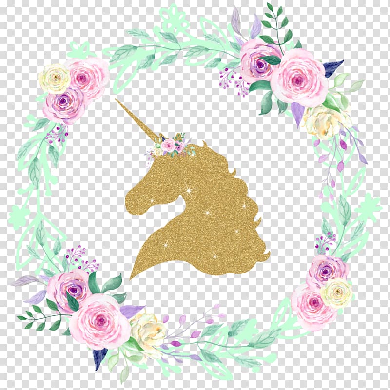 Unicorn Glitter Decal Iron-on , Unicorn background, pink, purple, and yellow roses wreath transparent background PNG clipart