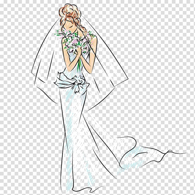woman wearing wedding dress holding bouquet , Bride Wedding Sequence container , Hand-painted bride transparent background PNG clipart