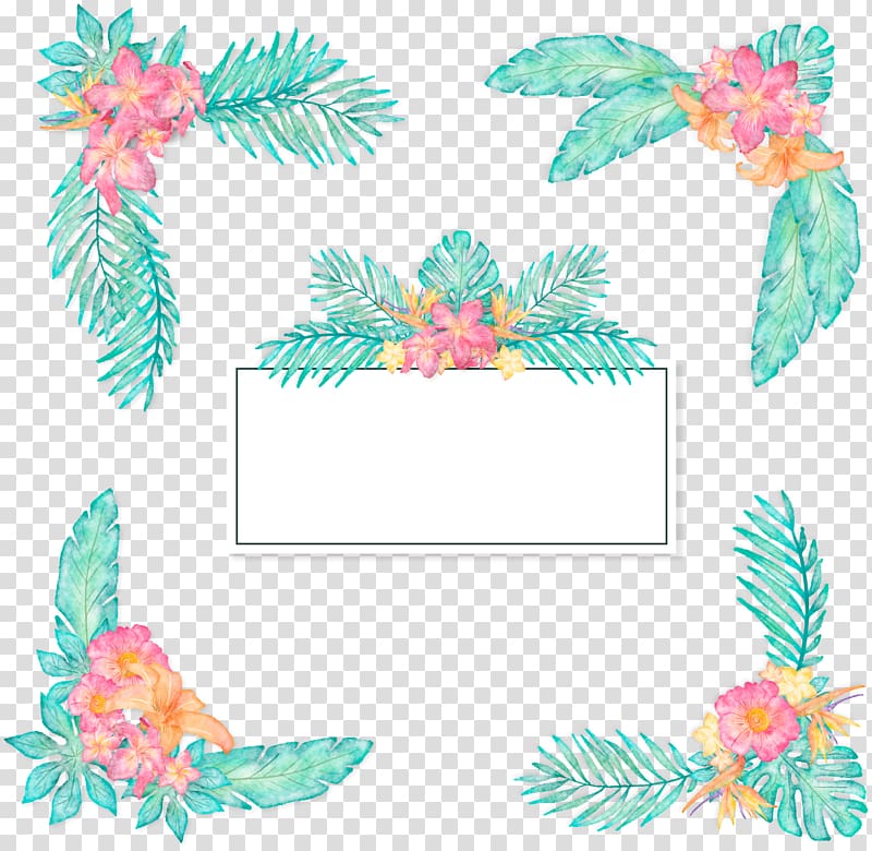 green and pink petaled flowers , Romantic watercolor plant title box transparent background PNG clipart