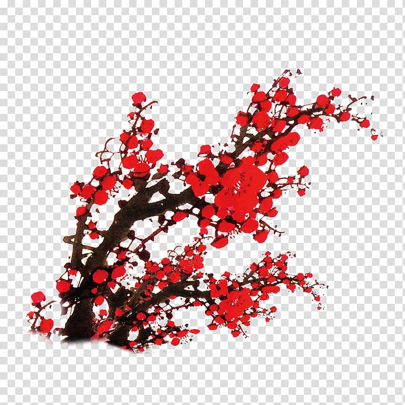 Red, Chinese wind plum red ink decorative pattern transparent background PNG clipart