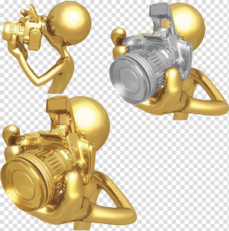 Camera 3D computer graphics, Holding the camera\'s golden villain transparent background PNG clipart