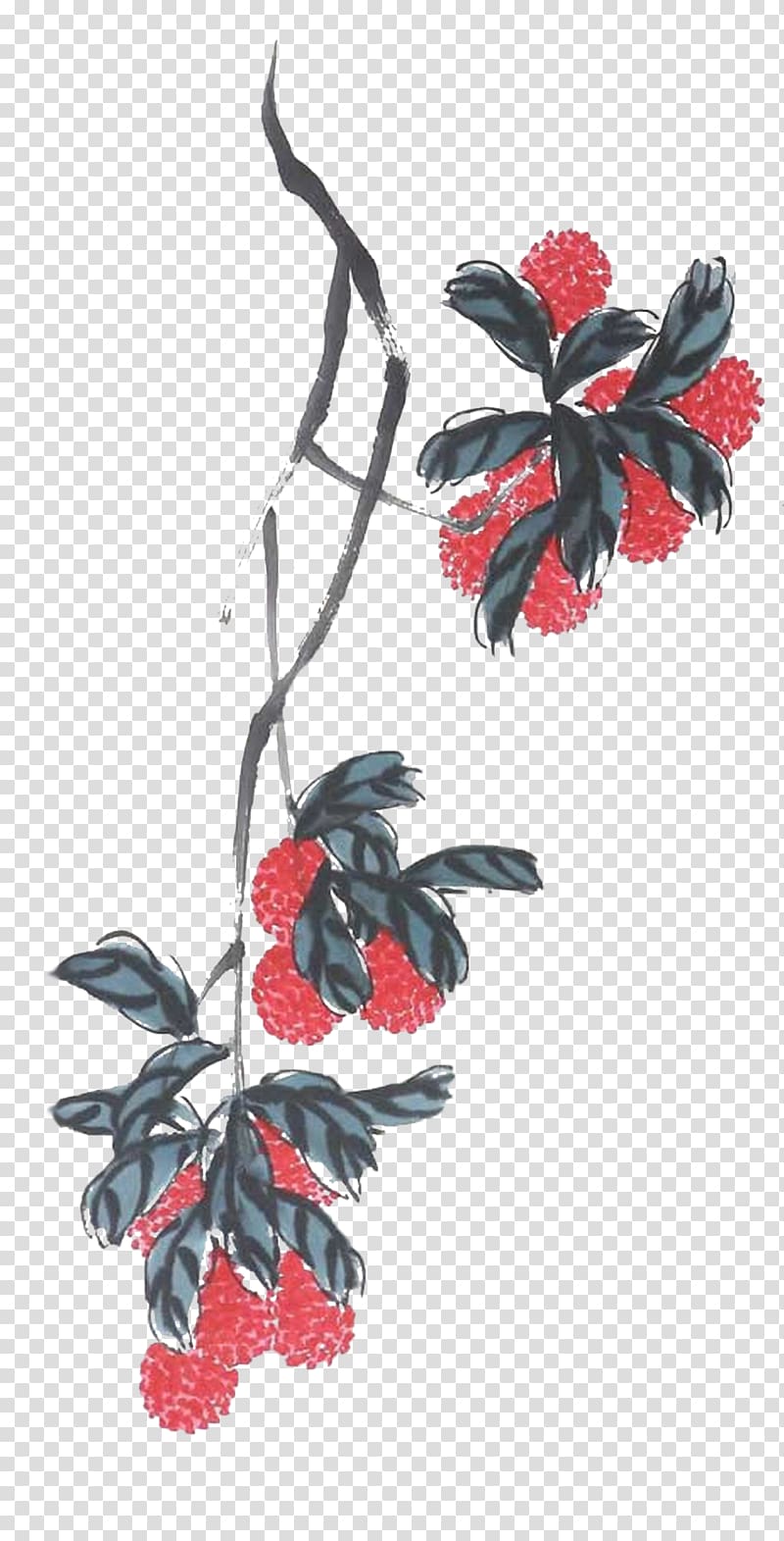 Lychee Ink brush Ink wash painting, A lily on a string of lychee transparent background PNG clipart
