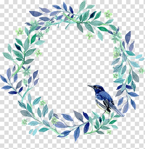 blue and white bird and green wreath illustration, Wedding invitation Wreath Floral design Watercolor painting, garland transparent background PNG clipart